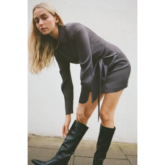 Zara Knotted Satin Effect Shirt Dress Size L - Picture 3 of 14